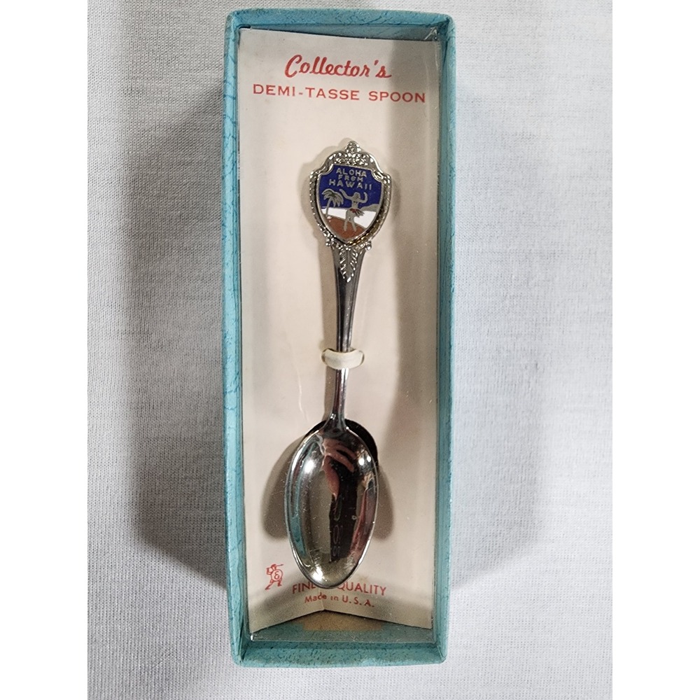 Vintage Hawaii Souvenir Demi-TasseSpoon Silver Tone Aloha Enamel Made in USA